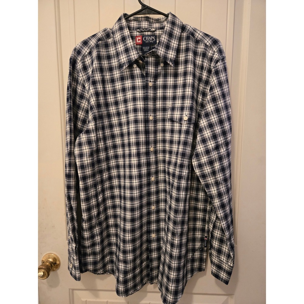 Chaps Men's Large Blue White Plaid Long Sleeve Button Down Cotton Shirt L